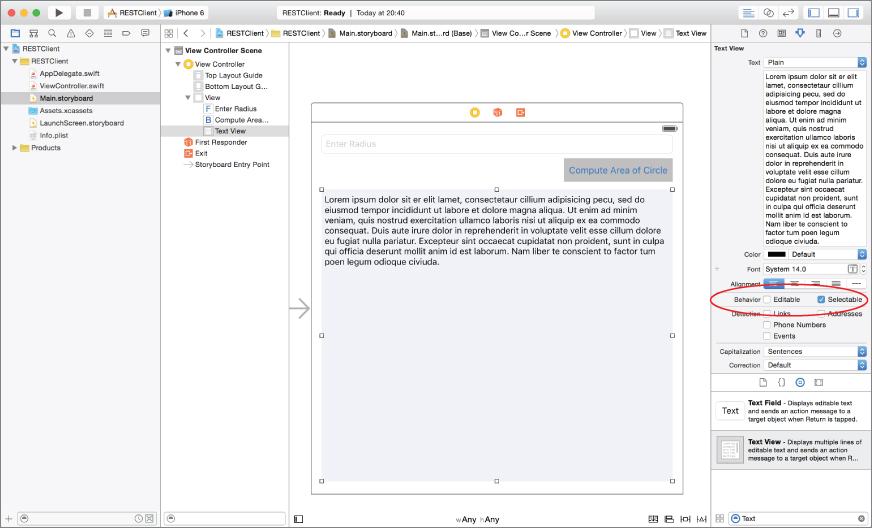 Screenshot of storyboard with the Behavior option Editable unchecked and Selectable checked under Text View in the right, and encircled.