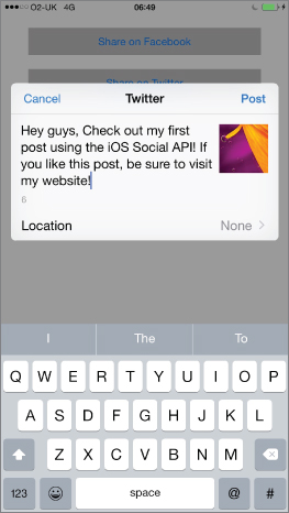 Screenshot of iOS device (grayed) with dialog box with the words Twitter (bold) and the words Hey guys, Check out my first post using the iOS Social API! If you like this post, be sure to visit my website!