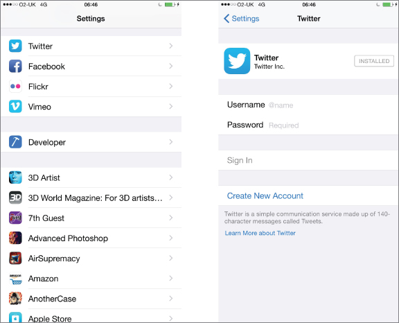 Two screenshots of iOS device, Settings and Twitter, with the words Username, Password and Create New Account on Twitter screen. 