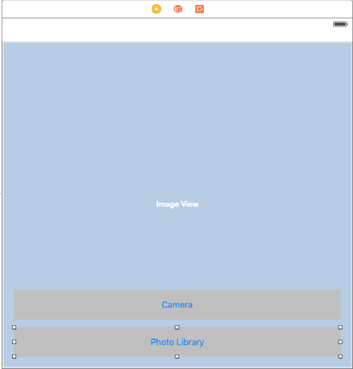 Screenshot of storyboard scene(blue) with the words Camera and Photo Library at bottom, below one another. 