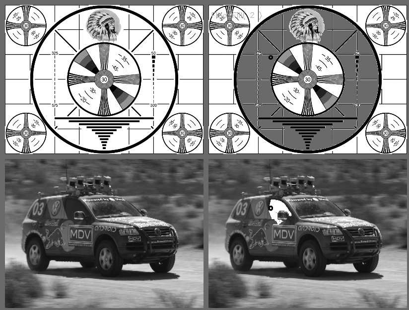 Results of flood fill (top image is filled with gray, bottom image with white) from the dark circle located just off center in both images; in this case, the up diff and lo diff parameters were each set to 7.0