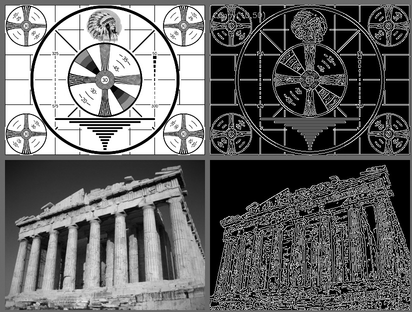 Results of Canny edge detection for two different images when the high and low thresholds are set to 50 and 10, respectively