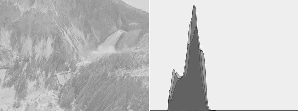 The image on the left has poor contrast, as is confirmed by the histogram of its intensity values on the right