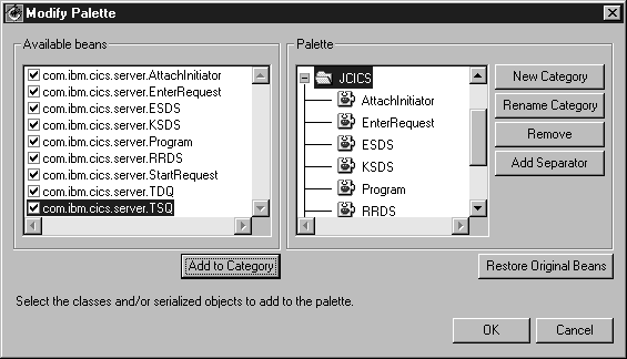 VisualAge for Java: Modify Palette panel