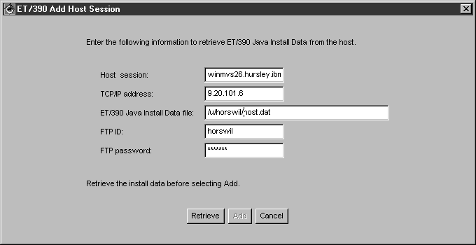 VisualAge for Java: ET/390 Add Host session panel