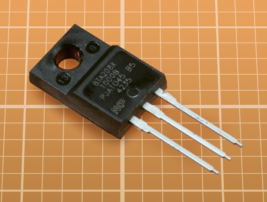 The BTA208X-1000B triac can conduct 8A continuous on-state current RMS, and withstands peak off-state voltage of up to 1,000V. This is a “snubberless” triac.