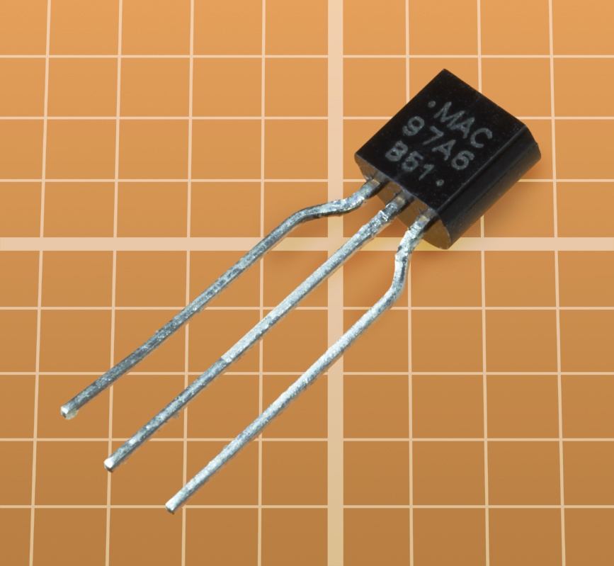 The MAC97A6 triac can conduct 0.8A continuous on-state current RMS, and withstands peak off-state voltage of up to 400V.