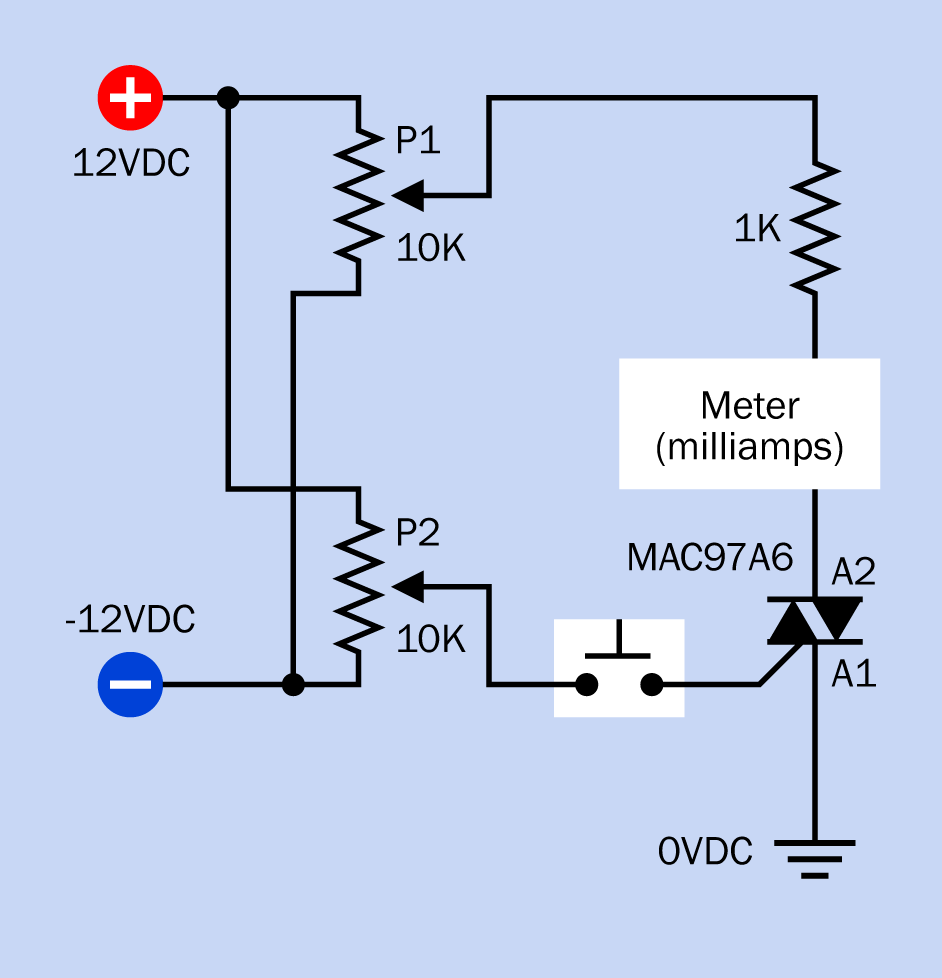 A test circuit to show the behavior of a triac when varying positive and negative potentials are applied to the gate and to the A2 terminal, relative to A1.