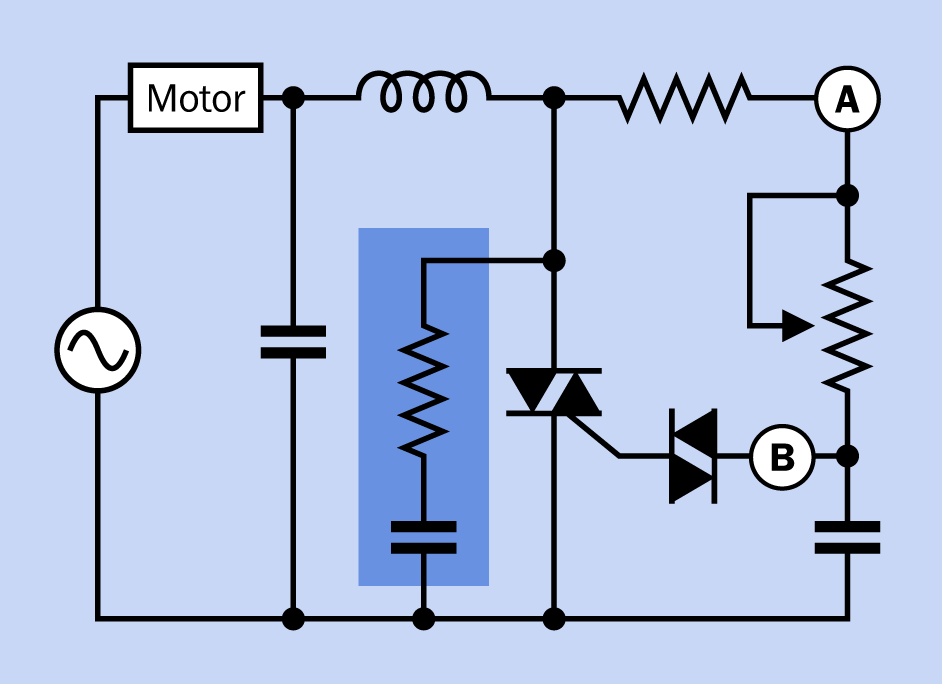 To prevent a triac from locking itself into a continuous-on state while driving an inductive load such as a motor, a snubber circuit can be added (shown here as a resistor and capacitor in the darker blue rectangle to the left of the triac).