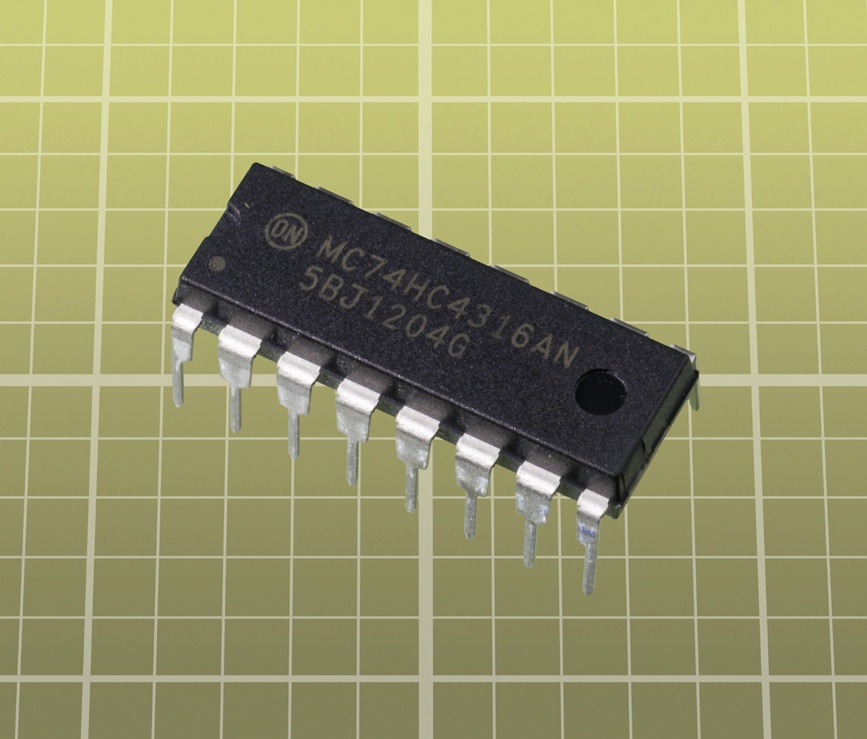 This DIP package contains four “switches” that function as solid-state relays but are restricted to low voltages and currents, compatible with logic chips. See text for details.