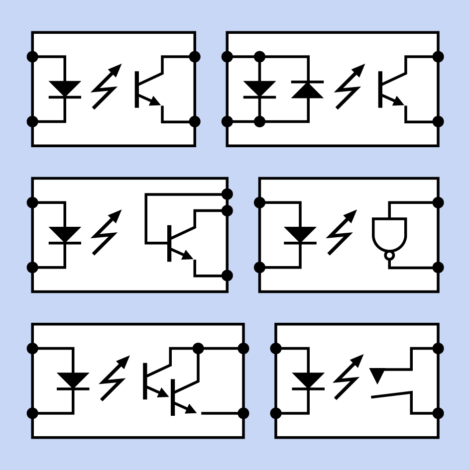 Six variants of schematic symbols that may be used to represent an optocoupler. See text for details.