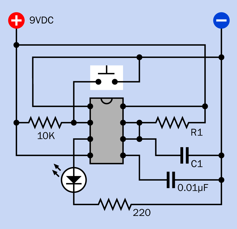 The basic monostable configuration of a 555 timer. This particular circuit debounces an input from a pushbutton switch and converts it to a clean pulse of fixed duration, powering an LED for demonstration purposes.