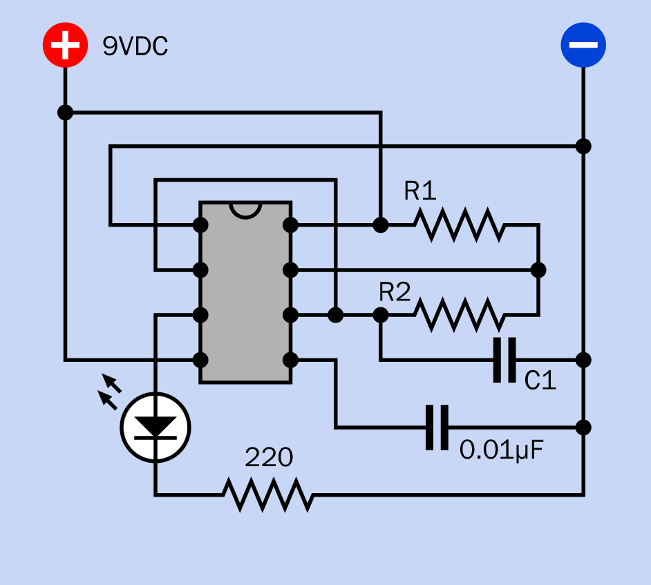 A 555 timer with external connections and components causing it to run in astable (free-running) mode.