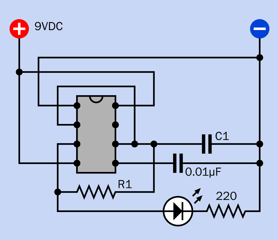 This configuration provides an approximate 50-50 on-off duty cycle at the output pin, although the precise duration will depend on the load.