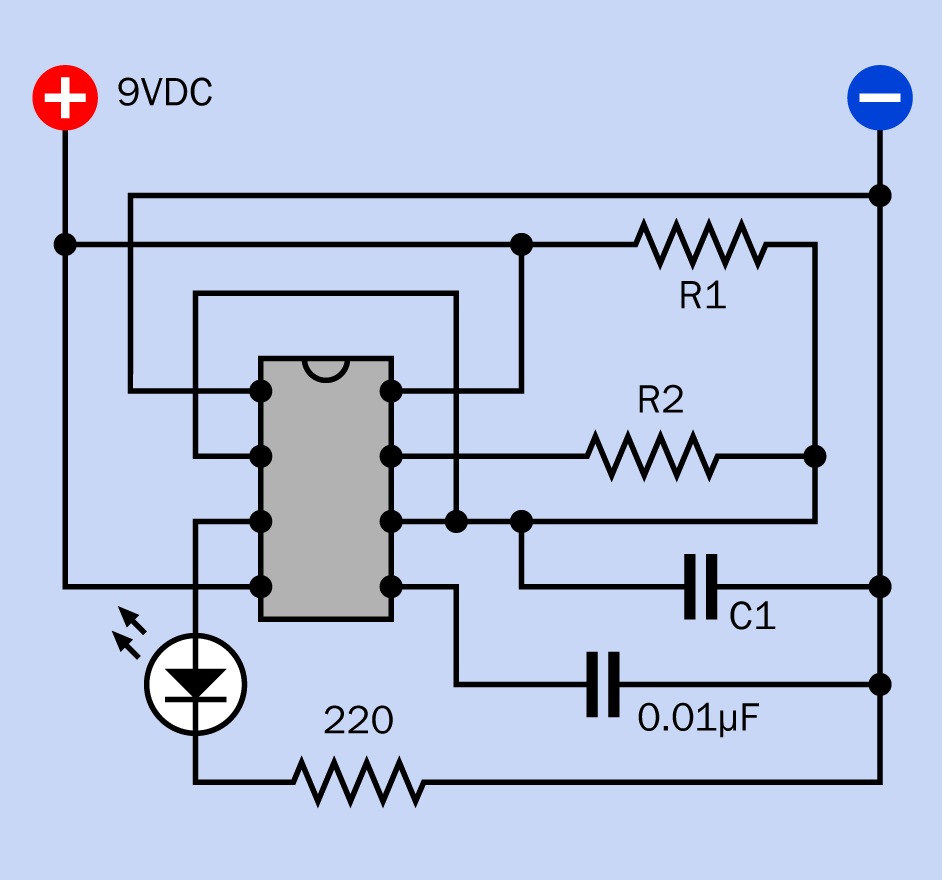 An alternative configuration to provide an approximate 50-50 on-off duty cycle in a 555 timer.