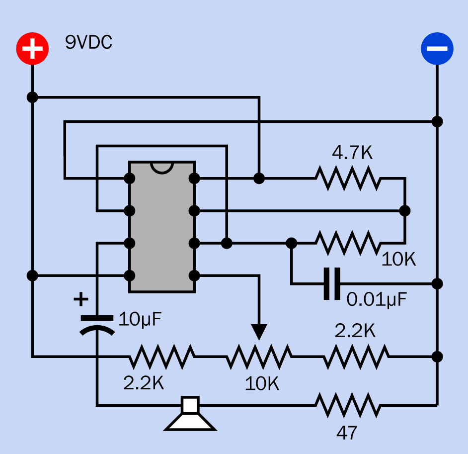 A circuit that allows adjustment of the astable 555 frequency by increasing or lowering the voltage on the Control pin.