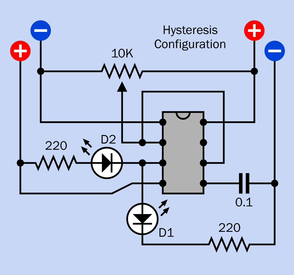 A 555 timer wired so that it creates hysteresis, when supplied by a variable input voltage.