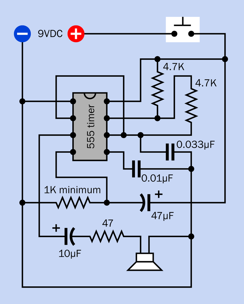 An RC circuit, wired to apply a decreasing voltage on the Reset pin of a bipolar 555 timer, will shut off the timer shortly after it is powered up. This can be used to create a fixed-length beep in response to a button press of any duration.