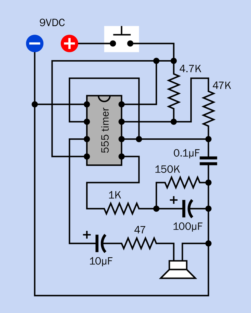 An RC circuit, wired to apply an increasingly positive voltage to the Control pin of a bipolar timer running in astable mode, will gradually pull down the frequency at the Output pin, creating a sound that may be useful in simple game applications.