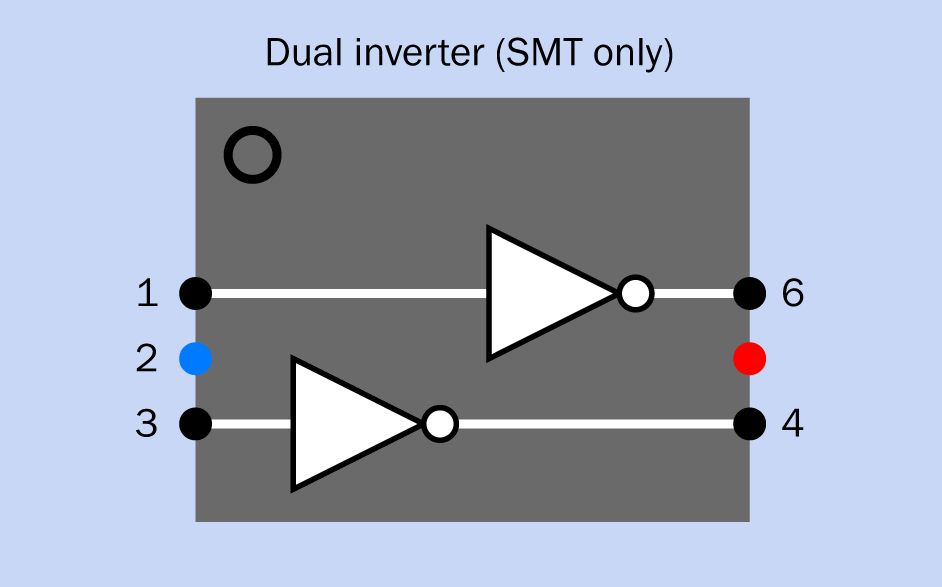 The internal layout of a 74xx series logic chip containing two inverters. This is available in surface-mount format only.