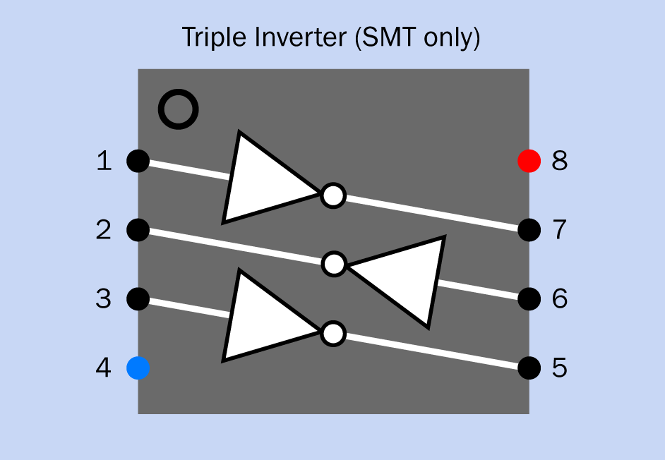 The internal layout of a 74xx series logic chip containing three inverters. This is available in surface-mount format only.