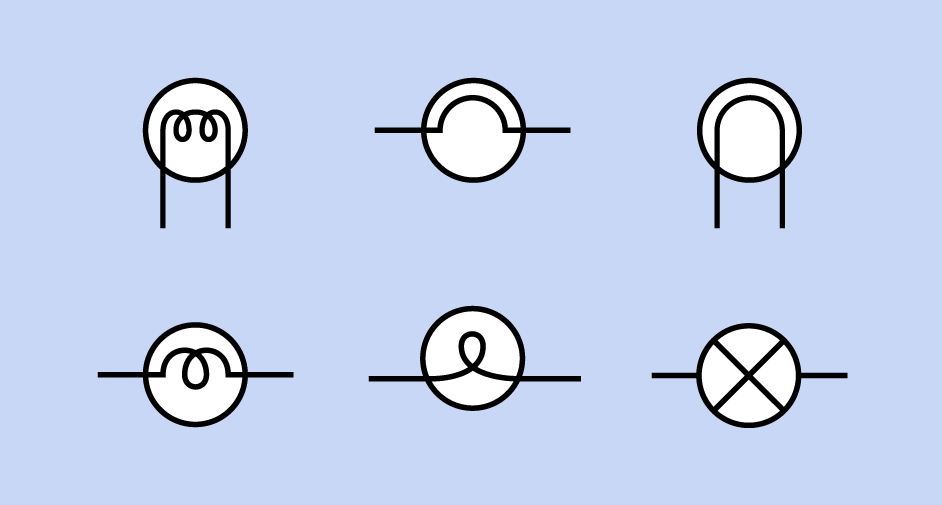 A variety of symbols can represent an incandescent lamp. The one at bottom right may be more commonly used for small panel-mounted indicators.