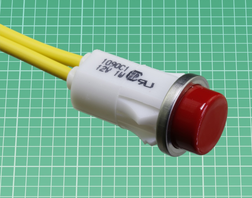 This panel-mount indicator lamp is designed to push-fit into a hole 1/2” in diameter. The bulb inside it is not replacable, causing the assembly to be classified as “non-relampable.”