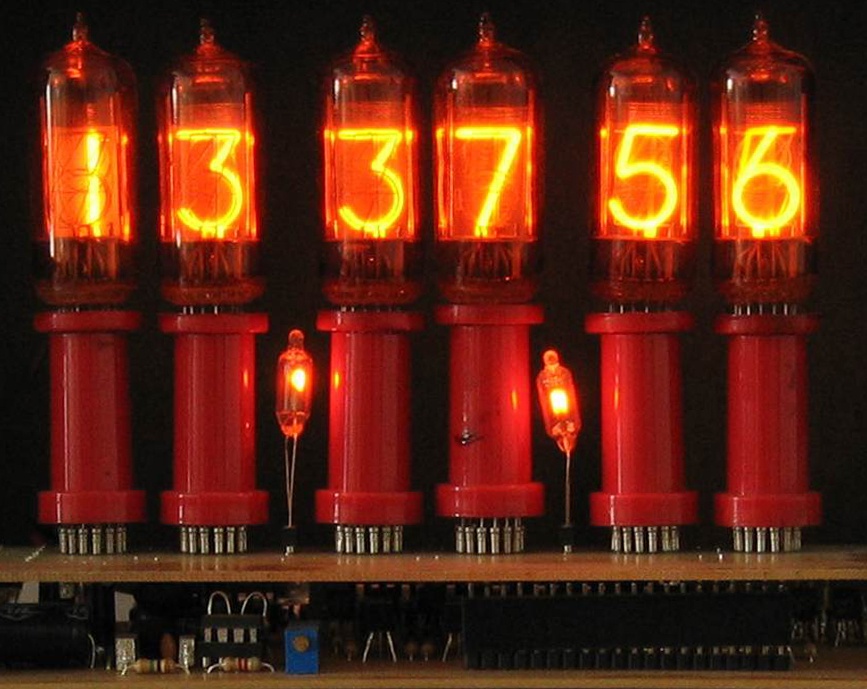 A 24-hour clock using Nixie-type tubes. Source: Wikipedia, public domain.