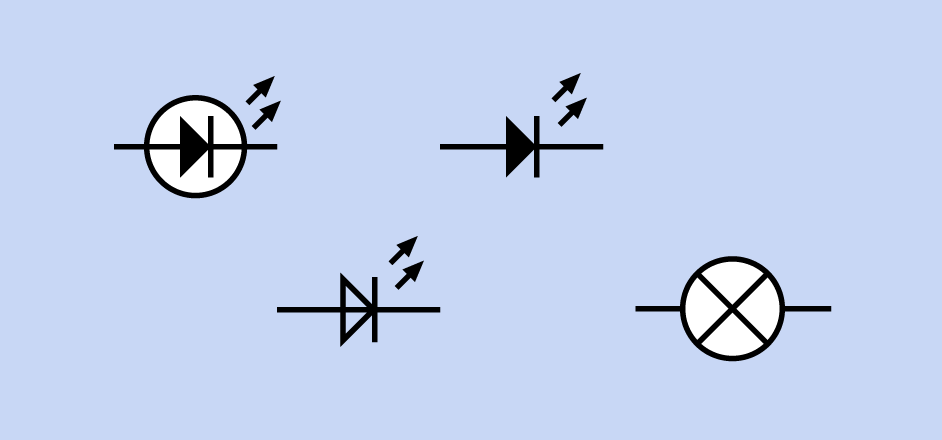 The symbol for an LED remains the same regardless of its size and power, but architectural plans may use the circle-and-X symbol at bottom right for any type of light fixture.