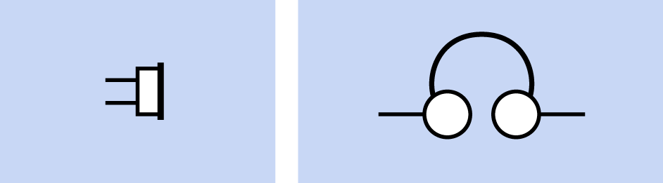 Schematic symbols for a single earphone or headphone (left) and a pair of headphones (right).