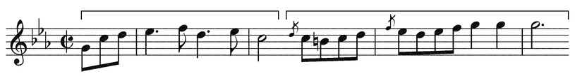 Figure 10.5 L. van Beethoven, theme from Piano Sonata Op. 13, Mvt. 3 with brackets showing rhythmic groups offset from metrical units (barlines).