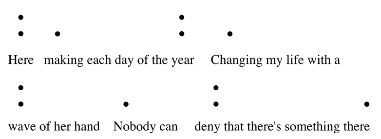 Figure 14.6 The Beatles, “Here, There, and Everywhere,” showing phrases and hypermeter. (Double dots indicate strong measures; single dots indicate weak measures.)