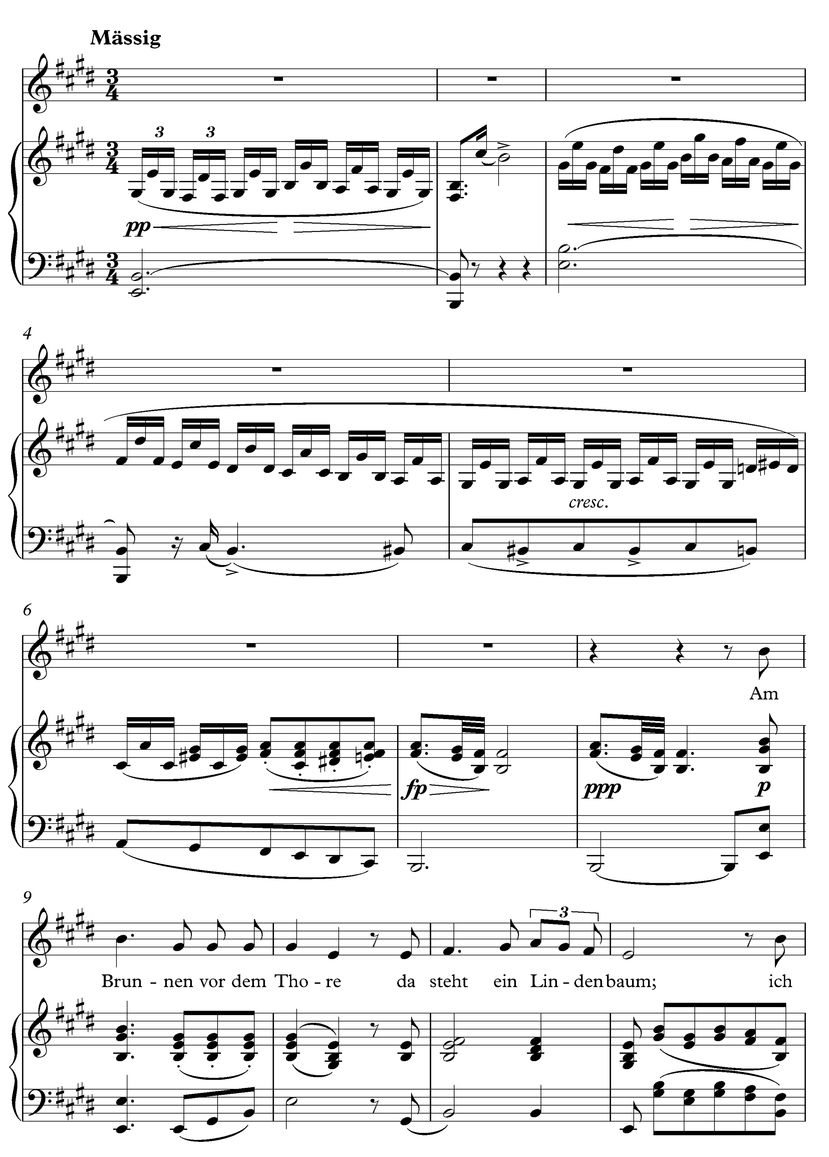 Figure 41.1 Franz Schubert, “Der Lindenbaum,” (Song 5 from Winterreise, D. 911; Op. 89), measures 1–12. Text by Wilhelm Müller; translation: “By the well, before the gate, stands a linden tree.”