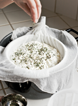 Sprinkling dark green spices on top of a white mound of cheese, inside a colander and stock pot, on top of layers of cheesecloth