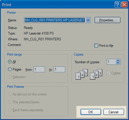 The Print dialog box appears before printing.