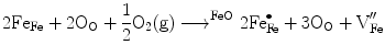 
$$ {\rm {2F}}{{\rm {e}}_{\rm{Fe}}} +
{2}{{\rm {O}}_{\rm{O}}} + \frac{{1}}{{2}}{{\rm {O}}_{{2}}}{\rm
{(g)}}\buildrel\over{\longrightarrow}^{{\rm FeO }}{\rm
{2Fe}}_{\rm{Fe}}^{ \bullet } + {3}{{\rm {O}}_{\rm{O}}} + {\rm
{V}}_{\rm{Fe}}^{{\prime \prime }} $$
