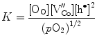 
$$ K = \frac{{[{{\text{O}}_{\rm{O}}}][{\text{V}}_{\rm{Co}}^{{\prime \prime }}]{{{[{{\text{h}}^{ \bullet }}]}}^2}}}{{{{{(p{{\text{O}}_{{2}}})}}^{{1/2}}}}} $$
