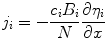 
$$ {j_i} = - \frac{{{c_i}{B_i}}}{N}\frac{{\partial {\eta_i}}}{{\partial x}} $$
