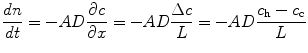 
$$ \frac{{{{d}}n}}{{{{d}}t}} = - AD\frac{{\partial c}}{{\partial x}} = - AD\frac{{\Delta c}}{L} = - AD\frac{{{c_{\rm
{h}}} - {c_{\rm {c}}}}}{L} $$
