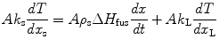 
$$ A{k_{\rm{s}}}\frac{{{{d}}T}}{{{{d}}{x_{\rm{s}}}}} =A{\rho_{\rm{s}}}\Delta {H_{\rm{fus}}}\frac{{{{d}}x}}{{{{d}}t}} +A{k_{\rm{L}}}\frac{{{{d}}T}}{{{{d}}{x_{\rm{L}}}}} $$
