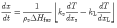 
$$ \frac{{{{d}}x}}{{{{d}}t}} =\frac{1}{{{\rho_{\rm{s}}}\Delta {H_{\rm{fus}}}}}\left\lfloor
{{k_{\rm{s}}}\frac{{{{d}}T}}{{{{d}}{x_{\rm{s}}}}} -{k_{\rm{L}}}\frac{{{{d}}T}}{{{{d}}{x_{\rm{L}}}}}} \right\rfloor
$$
