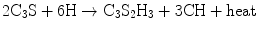 
$$ 2{{\text{C}}_3}{\text{S}} + 6{\text{H}} \to {{\text{C}}_3}{{\text{S}}_2}{{\text{H}}_3} + 3{\text{CH}} + {\text{heat}} $$
