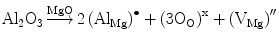 
$$ {{\rm
{A}}}{{\text{l}}_{{2}}}{{\text{O}}_{{3}}}\mathop{\longrightarrow}\limits^{{\rm{MgO}}}
{2\left( {{{\rm A}}{{\text{l}}_{\rm{Mg}}}} \right)^{ \bullet}} +
{\left( {3{{\text{O}}_{\rm{O}}}} \right)^{\rm{x}}} + {\left( {{{{\rm
{V}}}_{\rm{Mg}}}} \right)^{{\prime \prime }}} $$

