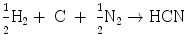 
$$ \frac{\text{$\scriptstyle 1$}}{\text{$\scriptstyle 2$}} {{\text{H}}_{{2}}} + {\text{ C }} + \ \frac{\text{$\scriptstyle 1$}}{\text{$\scriptstyle 2$}} {{\text{N}}_{{2}}} \to {\text{HCN}} $$
