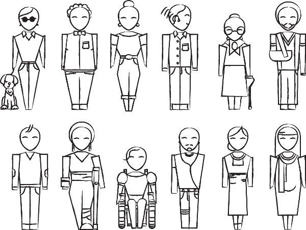 Illustration of many different kinds of human beings, with a small number of them differentiated from the rest in some way