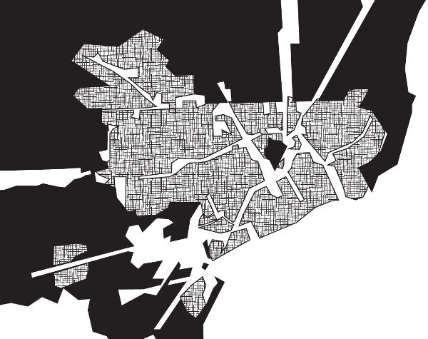 Illustrative recreation of the Detroit census map, which clearly shows the gaps in population as the roadways, and using indicators that shade the populated areas with pattern (some approach that would make the illustrations visible to someone who’s color-blind and careful not to use white and black dots to represent certain ethnicities)