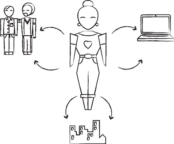 Illustration of person to many different kinds of computers, people, and society