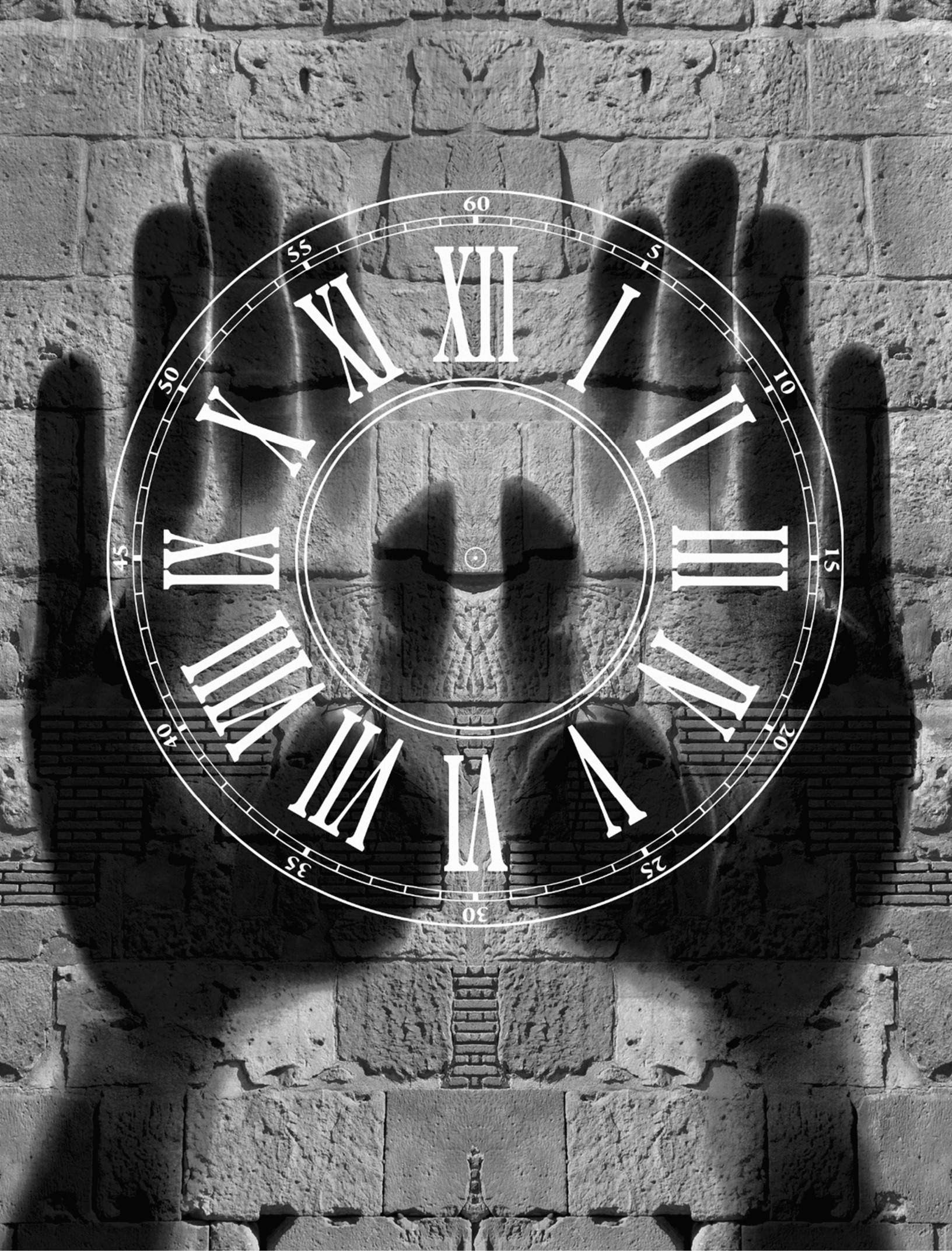 Photograph of a brick wall with shadows of two hands upon it. An illustration of a clock face is superimposed on the shadows and wall.