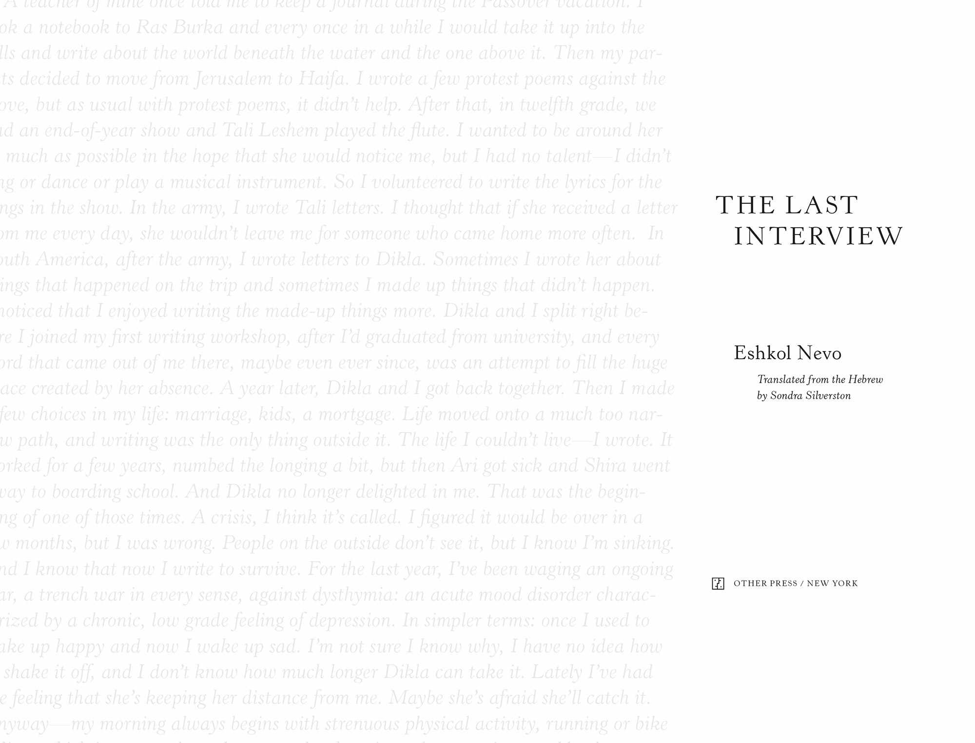 Book title, The Last Interview, subtitle, A Novel, author, Eshkol Nevo, imprint, Other Press