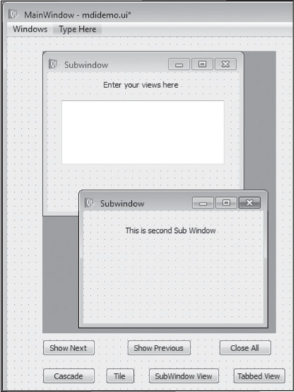 A form displaying the MdiArea with two subwindows and seven Push Buttons.